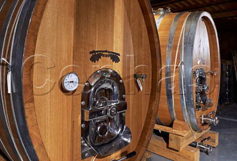 New oak barrels containing Vostildi and Moscatel in cellar of Sclavos winery Lixouri Paliki Peninsula Cephalonia Ionian Islands Greece