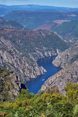 Valley of the Ro Sil viewed from Mirador de Cabezos with a tourist boat on the river Near Parada de Sil Galicia Spain