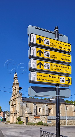 Signs for wineries at Cacabelos by the Santuario de Quinta Angustia on the Camino de Santiago Castilla y Len Spain