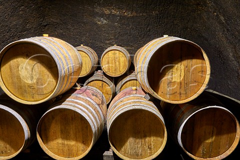 Barrels in 500year old cellar of Almaroja beneath the town of Fermoselle Castilla y Len Spain Arribes