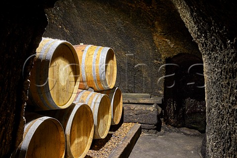 Barrels in 500year old cellar of Almaroja beneath the town of Fermoselle Castilla y Len Spain Arribes