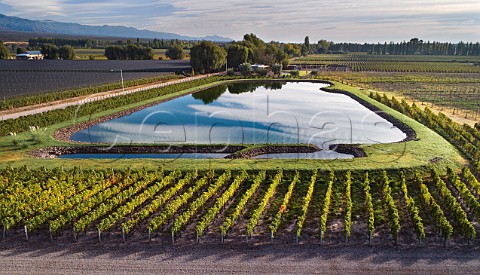 Reservoir holding water for irrigation in the vineyards of Cheval des Andes Mendoza Argentina