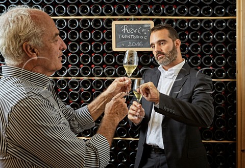 Stefano and Paolo Malfer in cellar of Revi Winery Aldeno Trentino Italy  Trento DOC