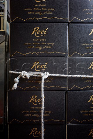 Cases of sparkling wine at Revi Winery Aldeno Trentino Italy  Trento DOC