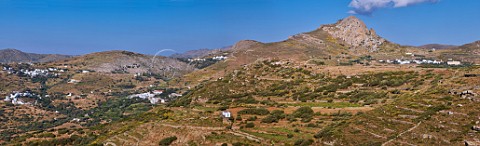 View east from Smardakito with leftright villages of Krokos Skalado Loutra Koumaros and Xinara and Mount Exomvourgo Tinos Greece