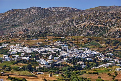 Village of Falatados with the Sparveri vineyard of TOinos on right at the foot of the Volax Plateau Tinos Greece
