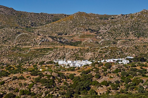 Volakas village surrounded by granite boulders on the Volax Plateau Tinos Greece