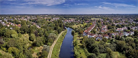 Panoramic view over East Molesey with River Mole and River Ember and City of London on the horizon Surrey UK