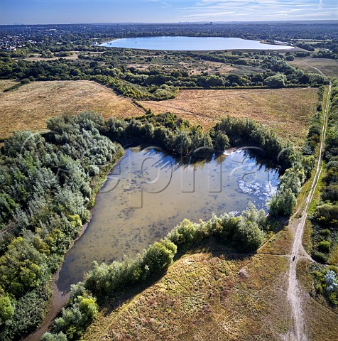Lake on Molesey Heath Nature Reserve with Island Barn Reservoir beyond West Molesey Surrey UK