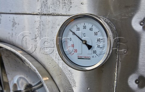 Thermometer on fermenting tank in the winery of Exton Park Vineyard Exton Hampshire England