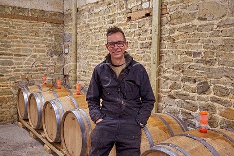Simon Woodhead winemaker in barrel cellar of Stopham Estate Stopham Sussex England