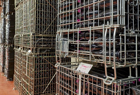 Bottles of Bloomsbury sparkling wine aging in the winery of Ridgeview Ditchling Common Sussex England