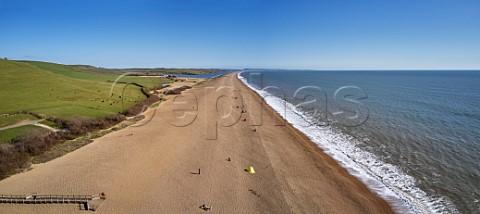 Chesil Beach at Abbotsbury looking southeast to Isle of Portland Dorset England