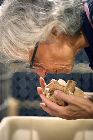 Maria Teresa Mascarello smelling new corks to ensure there is no taint Cantina Bartolo Mascarello Barolo Piedmont Italy