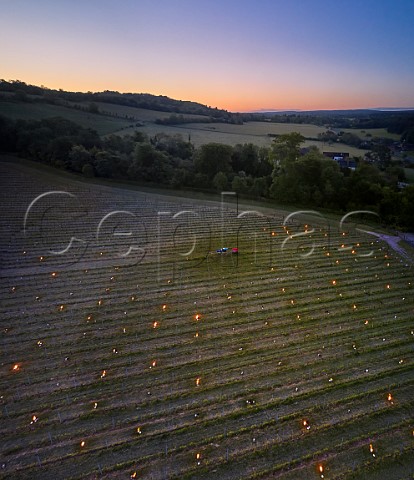 Candles burning on a frosty spring morning at Albury Vineyard Silent Pool Albury Surrey England