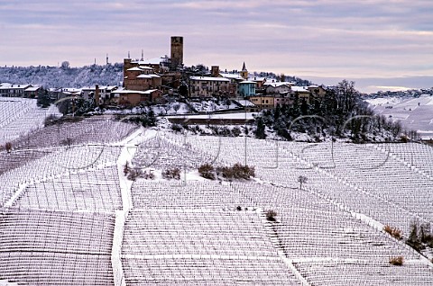Snow on vineyards at Castiglione Falletto Piedmont Italy Barolo