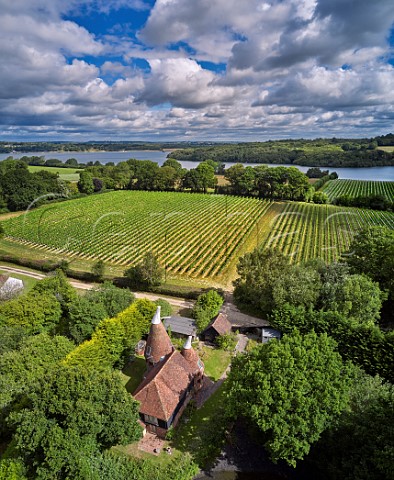 Oast House at Hazelhurst Farm Vineyard of Roebuck Estates with Bewl Water beyond Ticehurst Sussex England