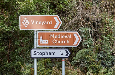 Signs to vineyard and church at Stopham Sussex England