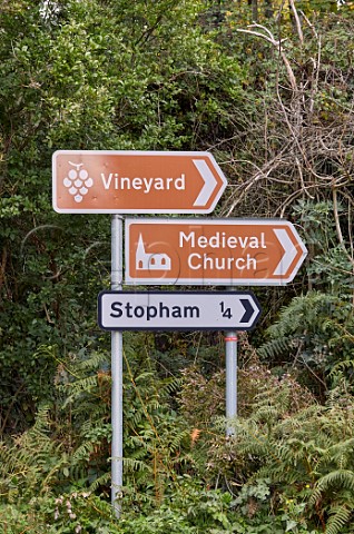 Signs to vineyard and church at Stopham Sussex England