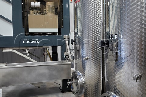 Stainless steel tanks and Coquard press of Black Chalk Winery Fullerton Hampshire England