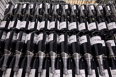 Bottles of 2016 Classic Sparkling Wine in winery of Black Chalk Fullerton Hampshire England