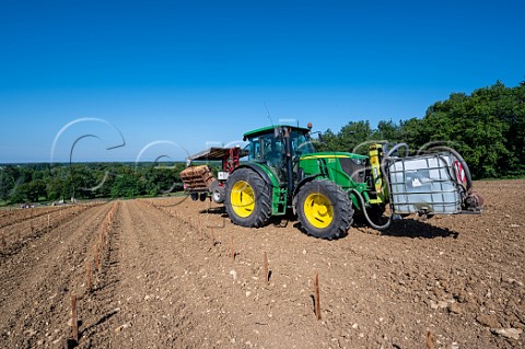 Planting new vineyard using a laserguided tractor Chteau de PailletQuancard Paillet Gironde France Cadillac  Ctes de Bordeaux