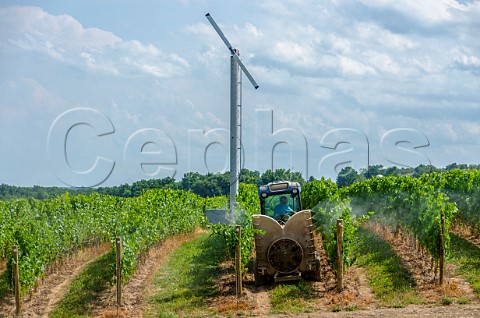 Spraying in vineyard of Red Tail Ridge Winery Penn Yan New York USA