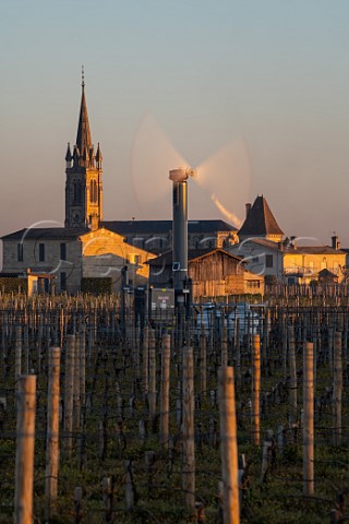 Antifrost wind machine in vineyard during subzero temperatures of 20 March 2021 Pomerol Gironde France Pomerol  Bordeaux