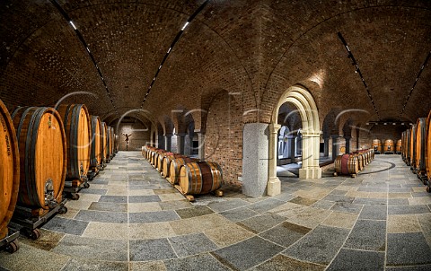 Casks and barrels in the new cellar of Schloss Gobelsburg winery Gobelsburg Niederosterreich Austria Kamptal