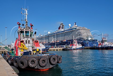 Cruise ship and tugs in the harbour of Las Palmas Gran Canaria Canary Islands Spain