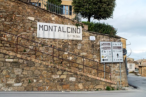 Street sign in Montalcino at one of the entrances to the town Tuscany Italy