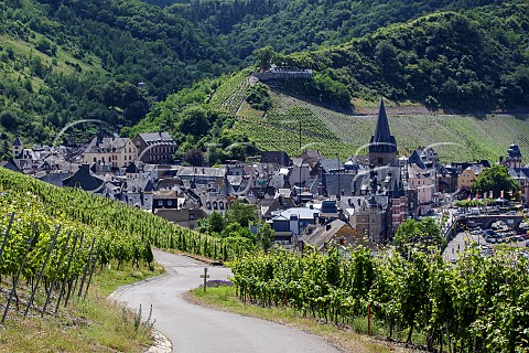 Looking down the road towards the old town of Bernkastel surrounded by vineyards Germany Mosel