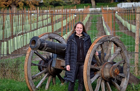 Maria Corbould with a cannon from the film Napoleon at The Grape Escape Vineyard  St Anns Hill Farm Chertsey Surrey England