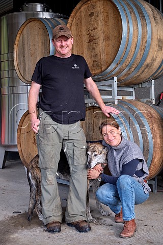 Dermot and Ana Sugrue with Tara at winery of Sugrue South Downs Bee Tree Vineyard Wivelsham Green East Sussex England