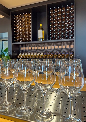 Glasses ready for tastings at the Maison des Vins de Sauternes   Sauternes Gironde France Bordeaux