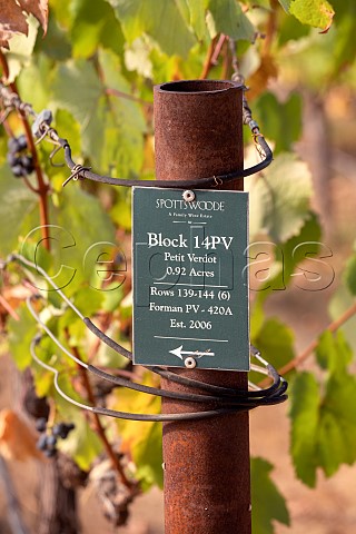 Sign for Petit Verdot plantings in vineyard of Spottswoode St Helena Napa Valley California