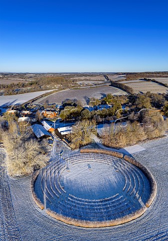 Black Chalk winery with snowcovered Circle vineyard in foreground and Rivers vineyard beyond Cottonworth near Andover Hampshire England
