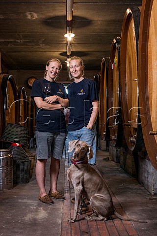 Carlotta Rinaldi and Marta Rinaldi with Vida in winery of Giuseppe Rinaldi Barolo Piemonte Italy